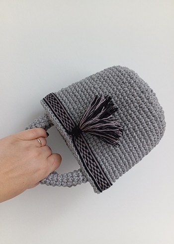 Gri Örgü Kadın Çanta Püsküllü.  detay çarpana el dokumasıdır. - Görsel 3