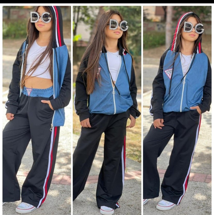 Kız Çocuk  6 15 yaş Mavi Siyah Fermuarlı Eşofman Takımı - Görsel 3