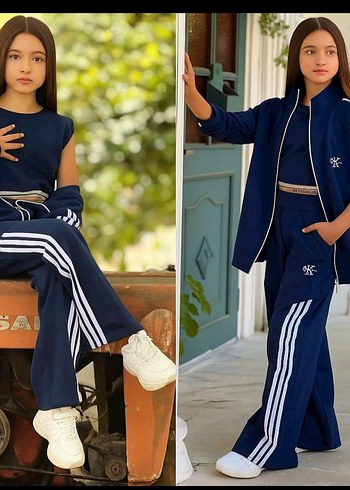 Kızlar için Lacivert Sweatpants ve üçlü Eşofman Takımı - Görsel 2