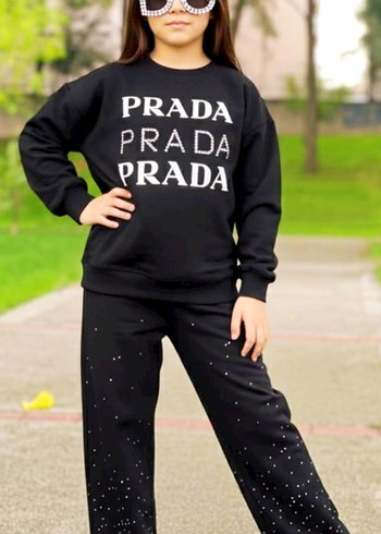 Siyah Baskılı alt ve üst taş detaylı Kız Sweatshirt ve Eşofman - Görsel 2