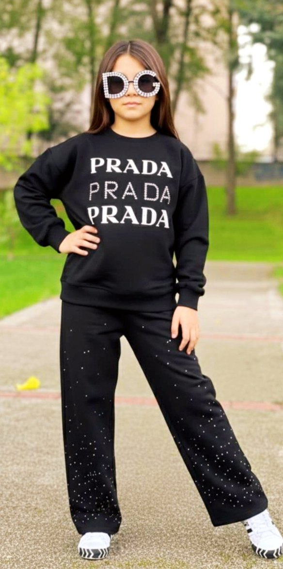 Siyah Baskılı alt ve üst taş detaylı Kız Sweatshirt ve Eşofman - Görsel 2