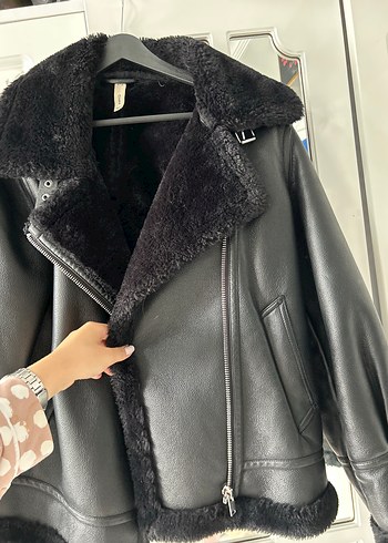s Beden Deri Kürklü Siyah Biker Ceket