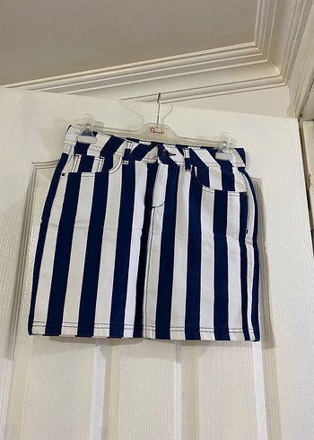 Mavi Çizgili Pilili Mini Kot Etek