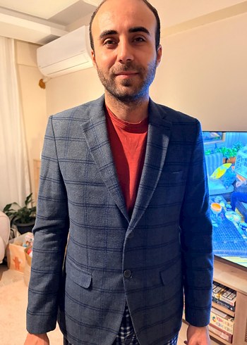 Düğmeli Kareli Gri Erkek Takım Ceketi - Görsel 4