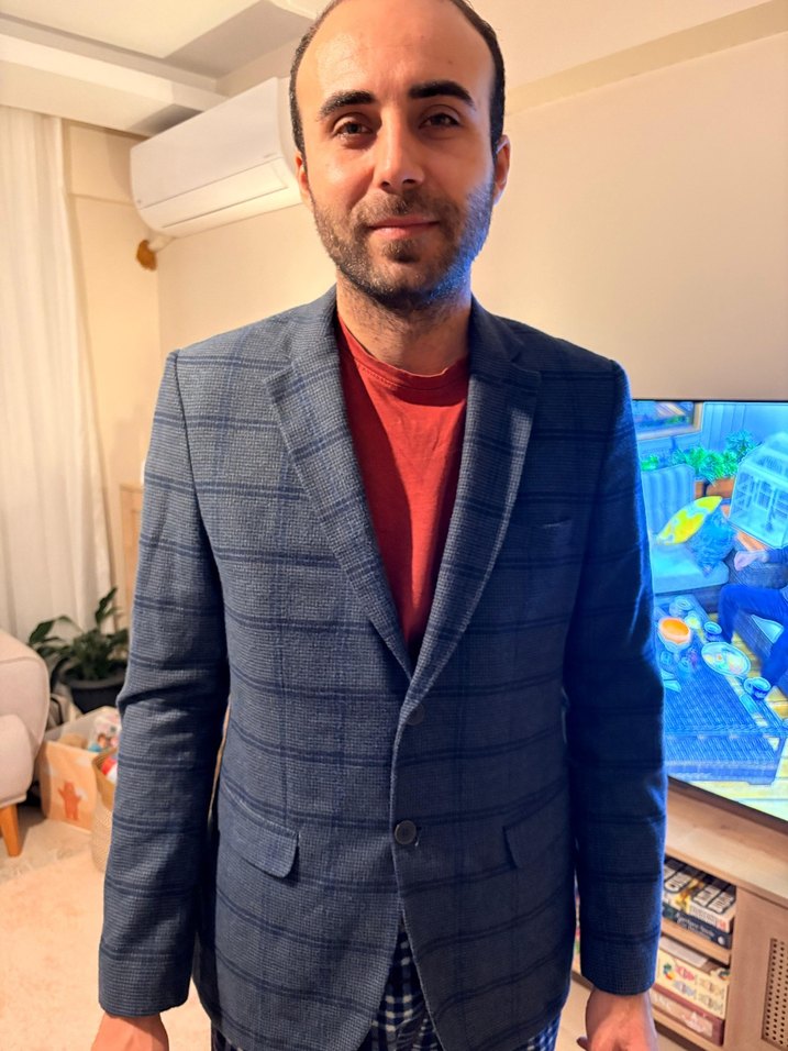 Düğmeli Kareli Gri Erkek Takım Ceketi - Görsel 4