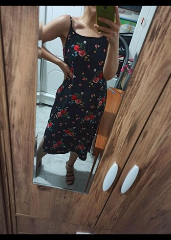 Çiçek Desenli Askılı Midi Elbise bol kesim - Görsel 5