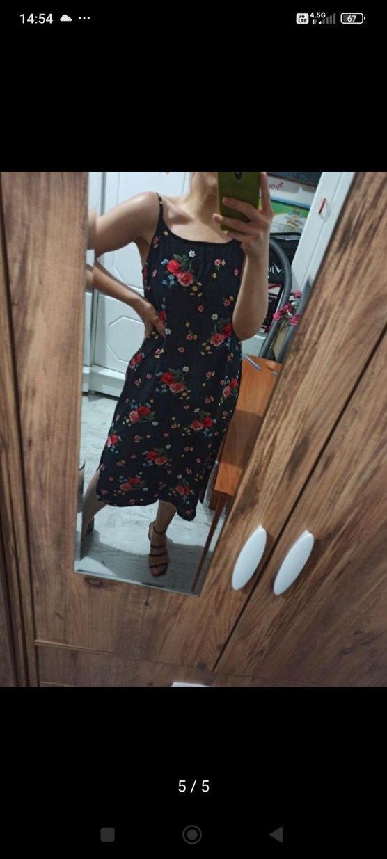 Çiçek Desenli Askılı Midi Elbise bol kesim - Görsel 5