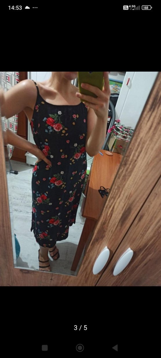 Çiçek Desenli Askılı Midi Elbise bol kesim - Görsel 3