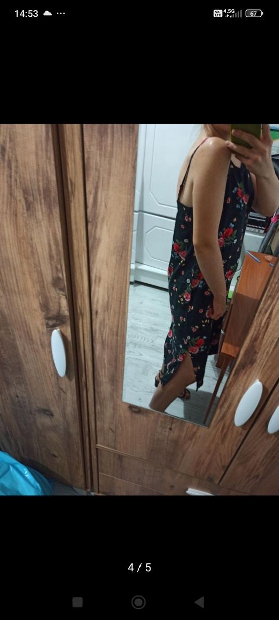 Çiçek Desenli Askılı Midi Elbise bol kesim - Görsel 4