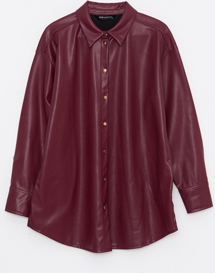 Bordo Deri Kadın Gömlek Ceket - Görsel 4