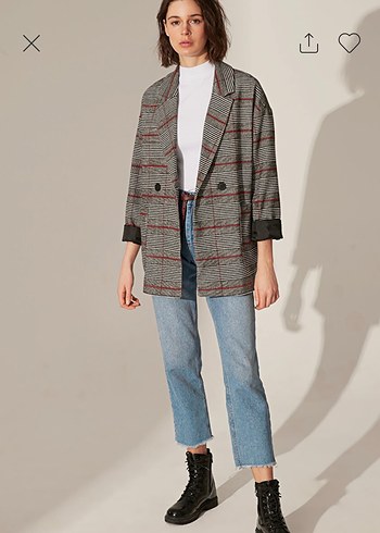 Gri Ekose Düğmeli Kadın Blazer Ceket - Görsel 3