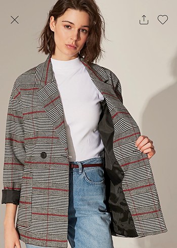 Gri Ekose Düğmeli Kadın Blazer Ceket - Görsel 2