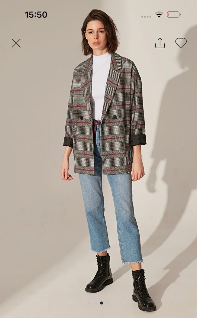 Gri Ekose Düğmeli Kadın Blazer Ceket - Görsel 3