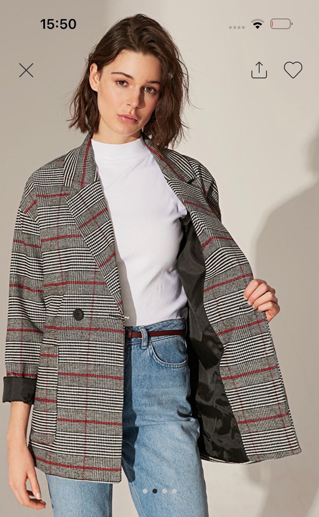 Gri Ekose Düğmeli Kadın Blazer Ceket - Görsel 2