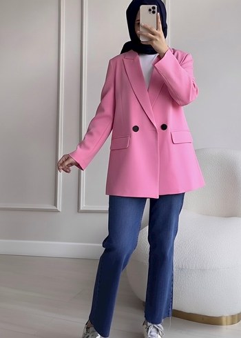 Pembe Uzun Kesim Düğmeli Kadın Blazer - Görsel 2