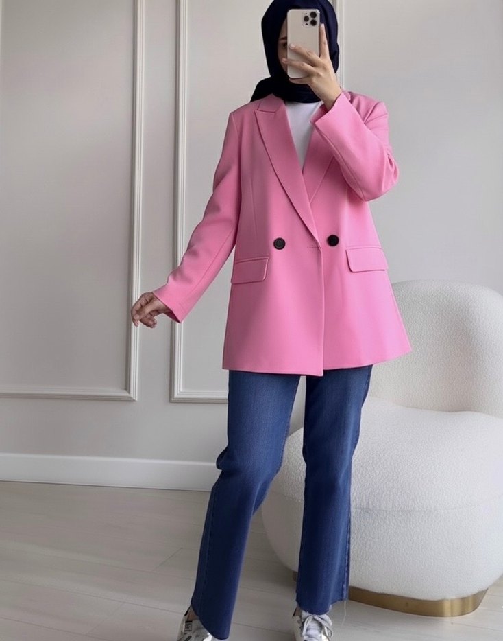 Pembe Uzun Kesim Düğmeli Kadın Blazer - Görsel 2