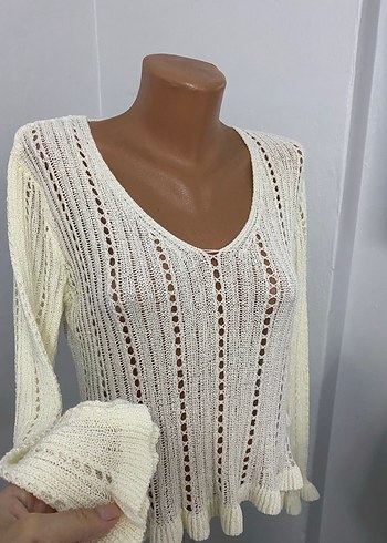 Beyaz V Yaka Örgü Bohem Kadın Kazak - Görsel 3