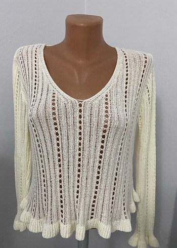 Beyaz V Yaka Örgü Bohem Kadın Kazak - Görsel 2