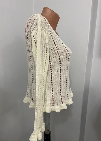 Beyaz V Yaka Örgü Bohem Kadın Kazak - Görsel 4