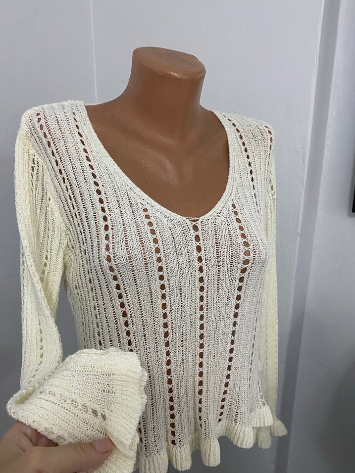 Beyaz V Yaka Örgü Bohem Kadın Kazak - Görsel 3