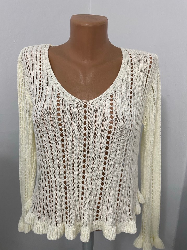 Beyaz V Yaka Örgü Bohem Kadın Kazak - Görsel 2