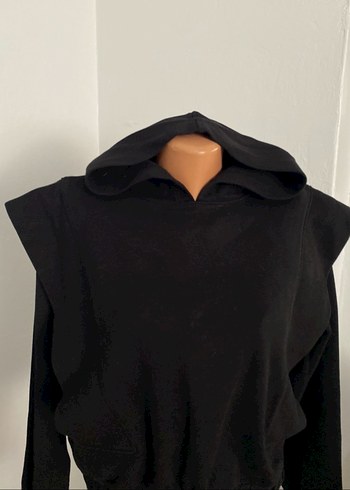 m Beden Kadın Siyah Kapüşonlu Kısa Sweatshirt
