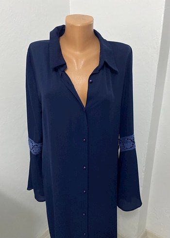 Lacivert Düğmeli Uzun Kollu Uzun Elbise - Görsel 3