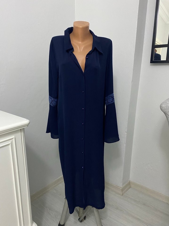 Lacivert Düğmeli Uzun Kollu Uzun Elbise - Görsel 2