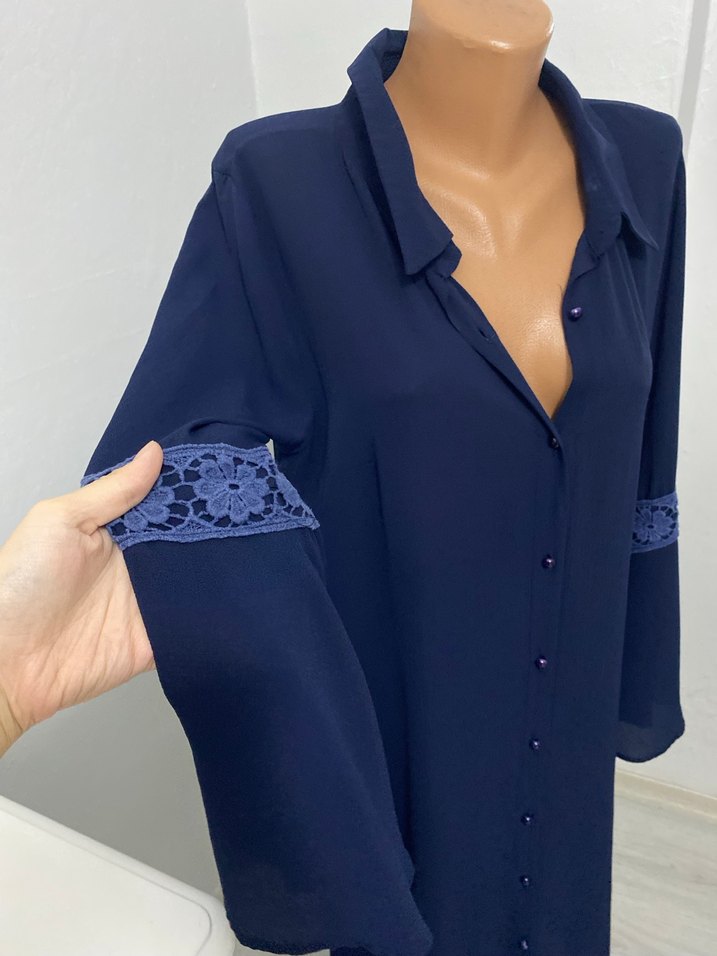 Lacivert Düğmeli Uzun Kollu Uzun Elbise - Görsel 4