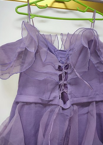 Mor Uzun Kat Kat Fırfırlı Straplez Kadın Elbise - Görsel 4