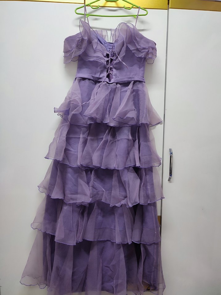 Mor Uzun Kat Kat Fırfırlı Straplez Kadın Elbise - Görsel 2