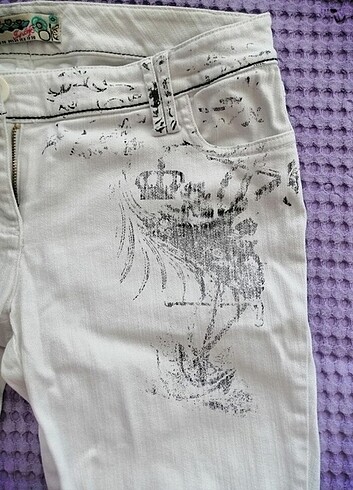 s Beden Koton düşük bel ekru beyazı desenli kot pantolon 