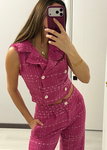 Düğmeli Pembe Kadın Takım - Görsel 2