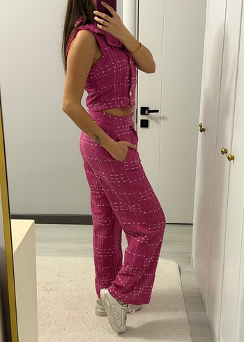 Düğmeli Pembe Kadın Takım - Görsel 3