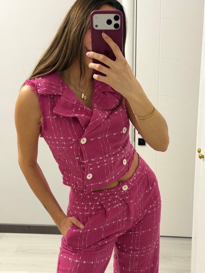 Düğmeli Pembe Kadın Takım - Görsel 2