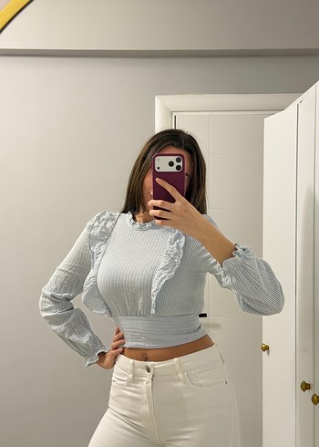 Fırfırlı Uzun Kollu Slim Fit Crop Bluz - Görsel 3