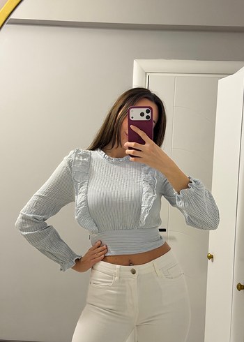 Fırfırlı Uzun Kollu Slim Fit Crop Bluz - Görsel 2