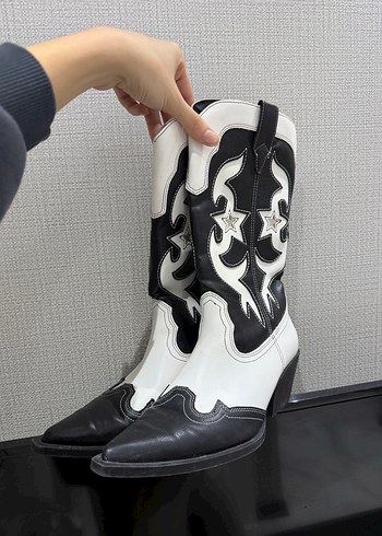 Beyaz Siyah Desenli Deri kovboy Bot - Görsel 2