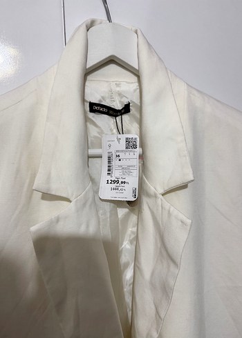 Düğmeli Beyaz Kadın Keten Blazer Ceket - Görsel 2