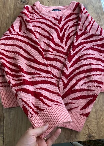 xl Beden pembe Renk Pembe Zebra Desenli Örgü Kadın Kazak