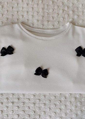 Beyaz Kız Sweatshirt Siyah Fiyonklu - Görsel 3