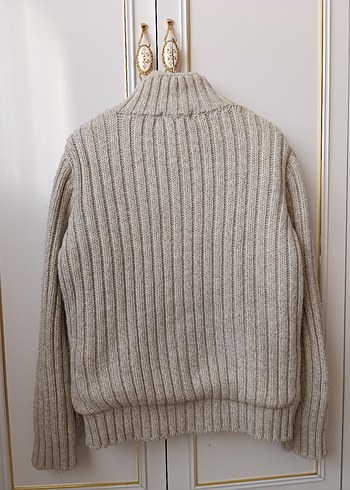Bej Yüksek Yakalı Örgü unisex Hırka - Görsel 2
