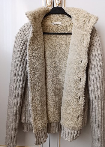 Bej Yüksek Yakalı Örgü unisex Hırka - Görsel 3