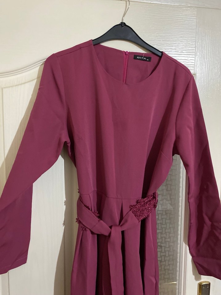 Bordo Kemerli Uzun Kadın Elbise - Görsel 2