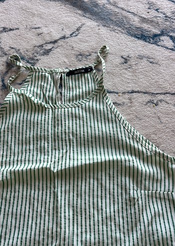 m Beden Fırfırlı Çizgili Keten Mini Bluz