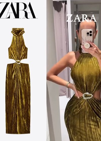 Zara Altin Yesil Kruvaze Kolsuz Elbise