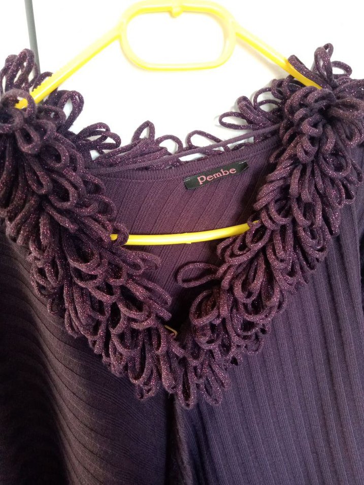 Mor Bohem Uzun Kollu Triko Kadın Panço - Görsel 2