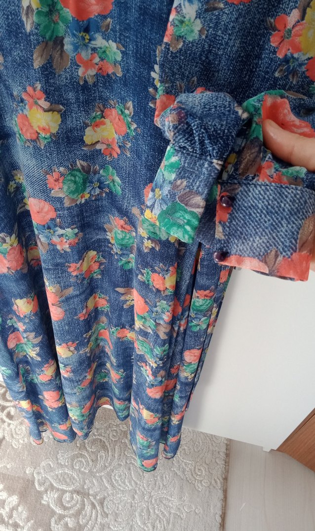 Mavi Çiçekli Uzun Bohem Kadın Elbise - Görsel 4