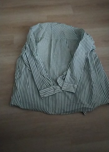 Mavi Gri Çizgili Düğmeli Keten Kadın Gömlek