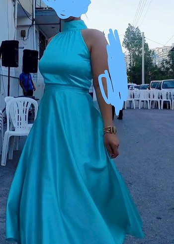 Parlak Turkuaz Uzun Abiye Elbise